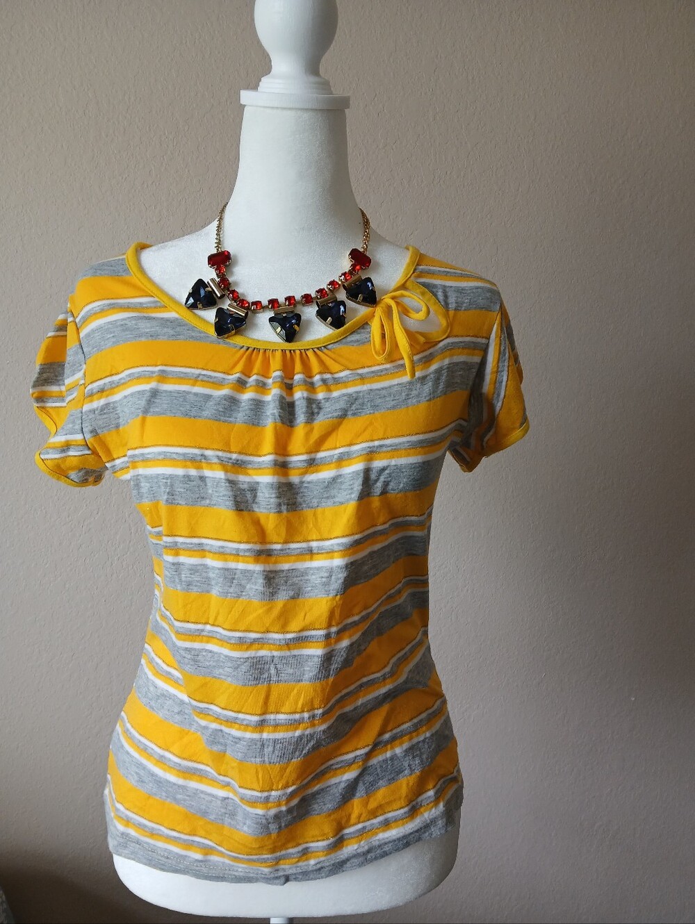 Striped Yellow and Gray Women’s Short Sleeve Top